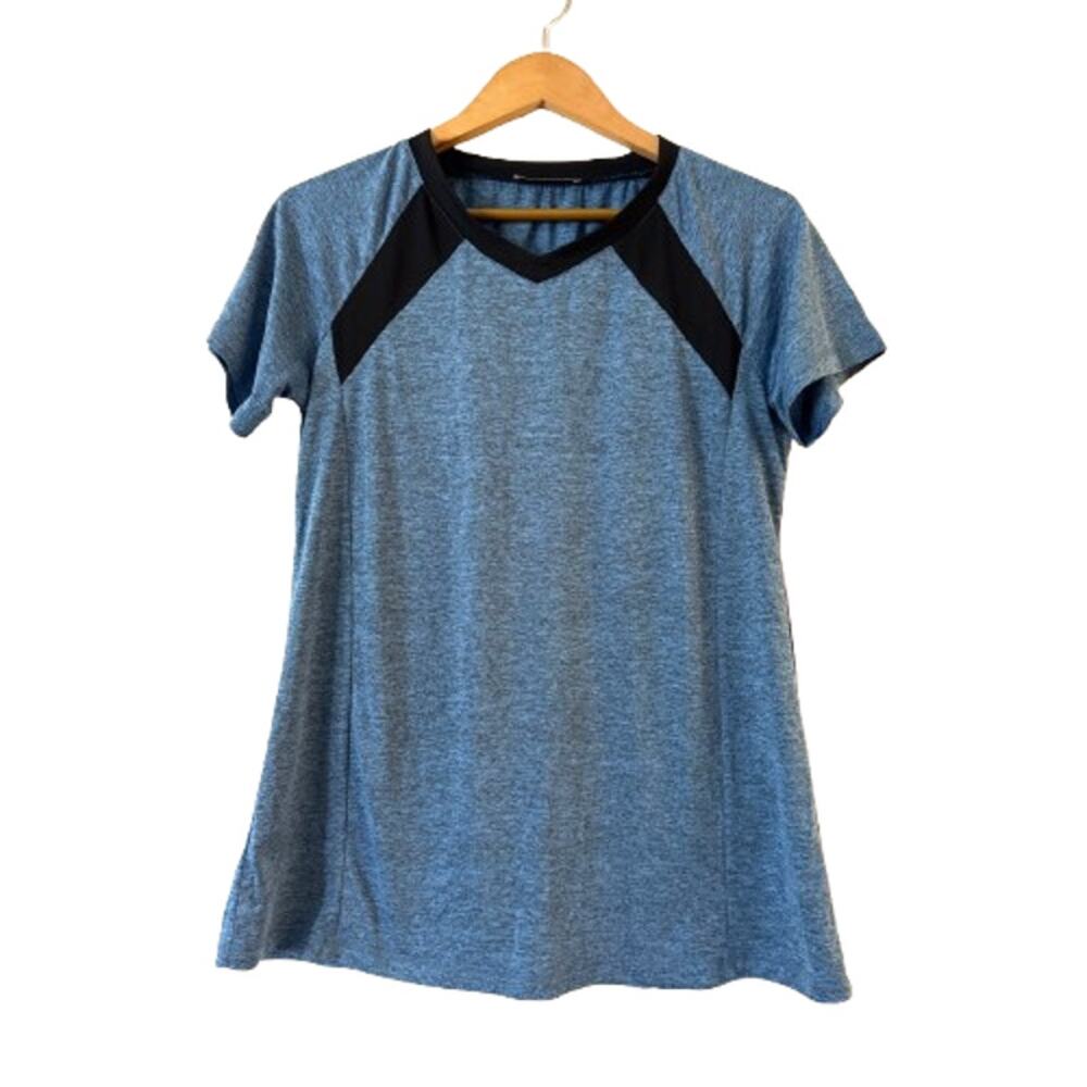 Miusey Women's Yoga Workout Tee T-Shirt Size M Blue Short Sleeve V-Neck Stretch‎
